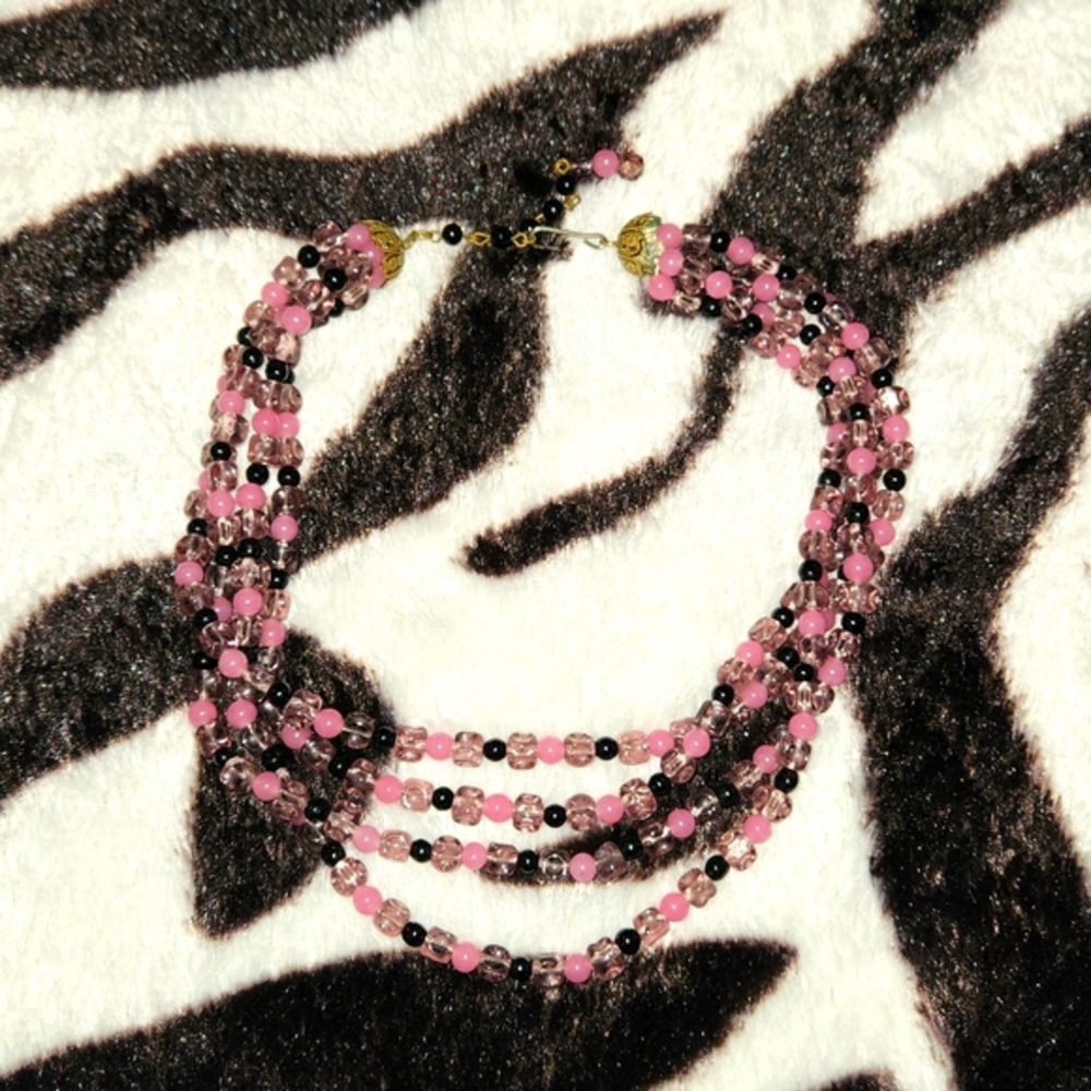 Vintage Pink/Black/Clear Beaded Necklace